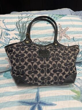 Coach Bleeker - Navy Blue and Khaki Signature Canvas Tote